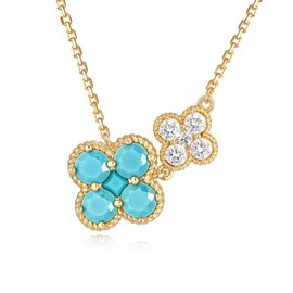 MYEARS Gold Necklace for Women Flower Pendant Sideways Double Four-leaf-clover Link December Birthstone Turquoise Cubic Zirconia 14K Simple Dainty Chain Floral Lucky Jewelry Gift