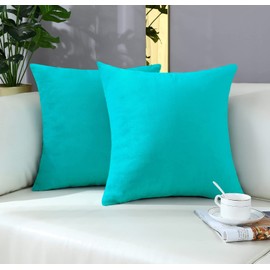mixeoo Comfy Turquoise Throw Pillow Covers Decorative Square Solid Thick Velvet Super Soft Cushion Cases Home Decor for Sofa Couch Living Room Chair, Set of 2, 20 x 20 Inch