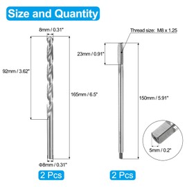sourcing map Tap and Drill Bit Set, 2pcs M8 x 1.25 Metric Straight Flute Thread Screw Taps 150mm Extra Long & 2pcs 8mm Twist Drill Bits 165mm Extra Long, HSS-6542 Tapping Threading Tool