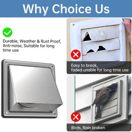 ForoGore 6'' Metal Dryer Vent Cover Outdoor Wall with Rubber Cushioned Non Return Flap, 6 Inch External Extractor Wall Vent, Stainless Steel Outside Dryer Vent Covers for House