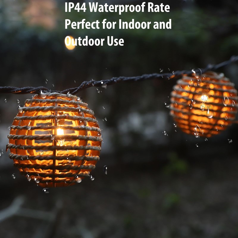 Decorative Outdoor Patio String Lights, Seagrass Rattan Wire Ball Style