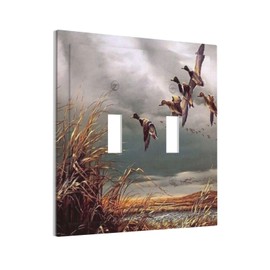 Rustic 2 Gang Double Toggle Light Switch Cover Wild Ducks Decorative Faceplate Electrical Wall Plate Hunting Flying Theme Standard Size for Home Bathroom Kitchen Office Decor