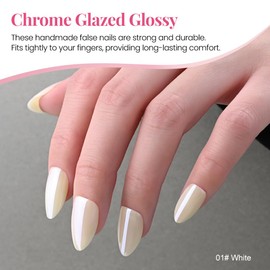 Press on Nails Short Almond - White Nude Beige Chrome Glazed Glossy Press on Nail Tips Glue On Nails with Nail Glue, Reusable Stick On Nails in 15 Sizes - 90 Full Cover Acrylic Soft Gel Fake Nails Kit