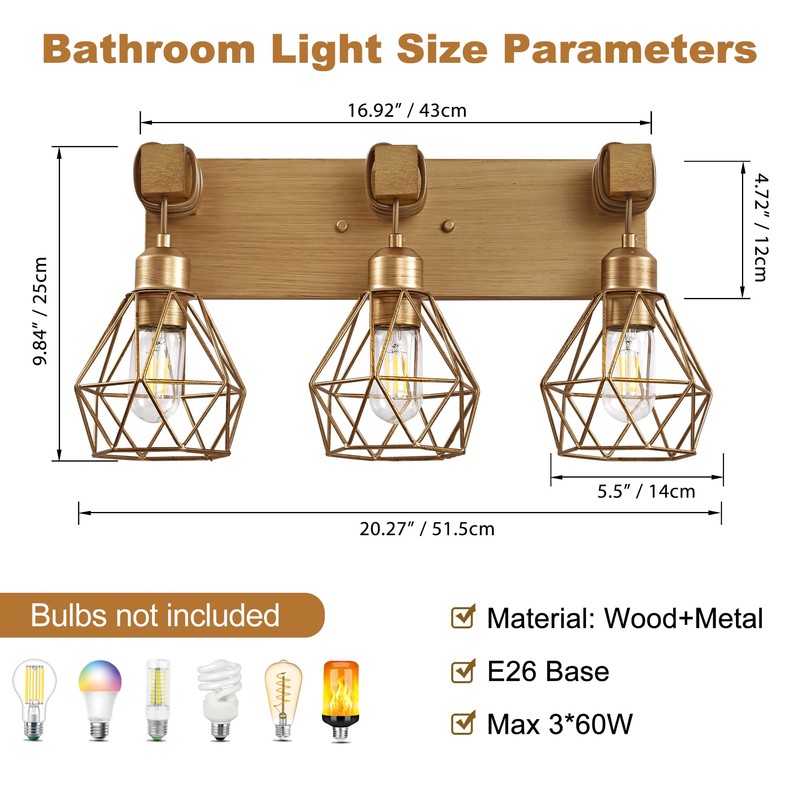 Gold Bathroom Vanity Light Fixtures, 3-Light Gold Bathroom Light Fixtures