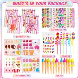 Ice Cream Party Favors 72 PCS Ice Cream Slap Bracelets Pen DIY Stickers Straws Tattoo Stickers Gift Bags for Kids Girls Ice Cream Theme Birthday Party Gift Giving Sweet Summer Baby Shower