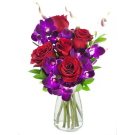KaBloom Flowers - Mother's Day Collection - Ruby Bouquet Orchids and Roses:5 Red Roses, 5 Purple orchids and Green with Vase.Gift for Birthday, Valentine, Mother’s Day Fresh Flowers