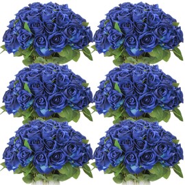 50 Pcs Artificial Rose Flower Realistic Silk Roses with Stem Bouquet of Flowers Plastic Flowers Real Looking Fake Roses for Home Wedding Centerpieces Party Decorations (Blue)