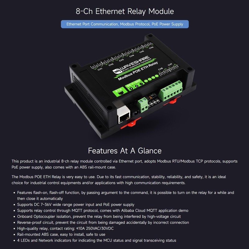 Waveshare 8-Ch Ethernet Relay Module, Modbus RTU/Modbus TCP Protocol, PoE