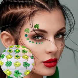 50pcs St. Patrick's Day Face Jewelry Green Shamrock Rhinestones Face Tattoo Sticker for Women and kids 3D self-adhesive Green Face Gems for Face Nail Makeup Decoration