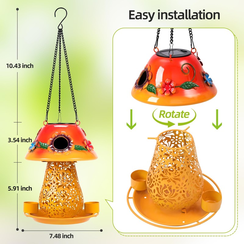 Mushroom Solar Bird Feeders for Outdoors Hanging Metal Wild Bird