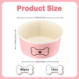 Honeydak 60 Pcs Disposable Dog Bowls 12oz Pet Food Water Paper Bowls Lightweight with Bone Pattern Portable Puppy Feeding Container for Outdoor Travel Camping Hiking(Pink)