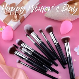 BEAKEY BEAKEY Diversity Make up Brushes 12Pcs Makeup Kit, Premium Synthetic Kabuki Foundation Face Powder Concealers Eyeshadow Blush Brushes Make up Brushes Set, with 2pcs Blender Sponges (Black/Silver)