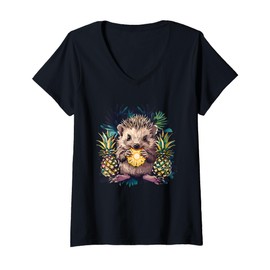 Womens Pineapple Hedgehog Drawing Animal Art Motif Pineapple Fruit V-Neck T-Shirt