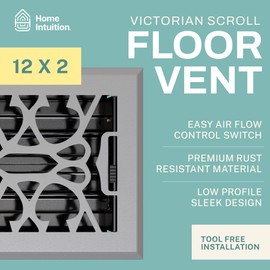 Home Intuition Victorian Scroll 2x12 Inch Decorative Floor Register Vent with Mesh Cover Trap, Light Grey