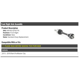 Marketplace Auto Parts Front Right Passenger Side CV Axle Assembly - Compatible with 2015-2018 Ram ProMaster City