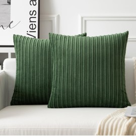 UGASA Velvet 26x26 Inch Soft Throw Pillow Cover Decorative Corduroy Striped Both Sides Solid Square Cushion Case Boho Farmhouse for Couch Bedroom Sofa Home, 1 Piece, Moss Green
