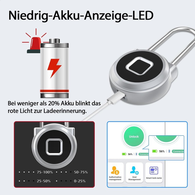 eLinkSmart Long Padlock 45 mm with Fingerprint Phone App Weatherproof