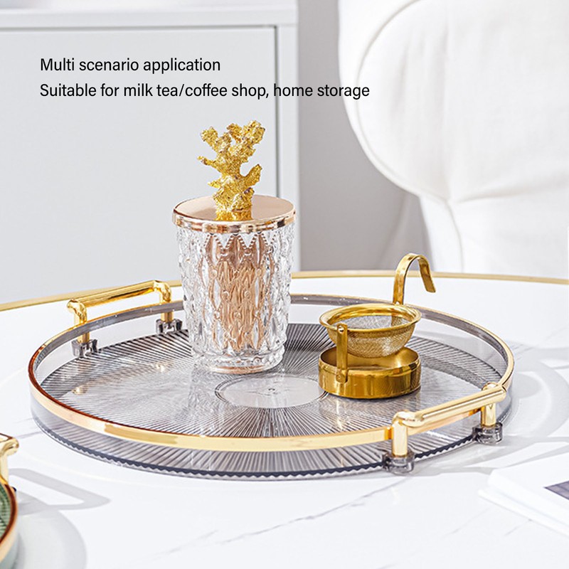 Round Tray with Gold Handle Elegant Multi Functional Golden Rim