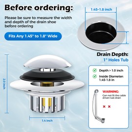 Universal Brass Bathtub Drain Stopper - Push Pop-Up Tub Drain Plug with Hair Catcher, Press-Type Bounce Core, Fits 1.45" to 1.8" and Depth 1" Drain Holes, Rustproof Bathroom Drain Filter Replacement