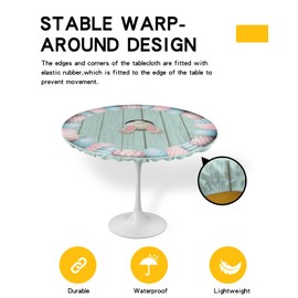 Funny Easter Bunny Egg Fitted Tablecloth for Round Table,Retro Wood Board Kitchen Waterproof Table Cover with Elastic Edge,Spring Farm Rabbit Circle Table Covers for Outdoor Party 45-54in
