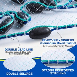 Goture American Fishing Cast Net Saltwater Freshwater,3/8in Mesh Size Casting Net for Bait Fish Shrimp Trap,Heavy Duty Sinkers Dual Color Double Selvage,3ft-12ft Radius Throw Cast Net with Needle