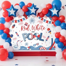 MEHOFOND 7x5ft Red White and Pool Party Backdrop 4th of July Pool Party Photography Background American Independence Day Summer Decor Splish Splash Birthday Holiday Banner Photo Props
