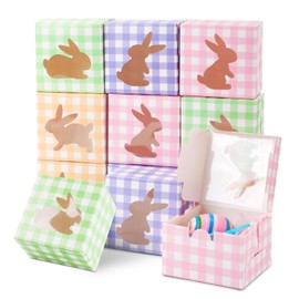 lasuroa 12pcs Easter Boxes, Colorful Easter Buffalo Plaid Cardboard Boxes Cute Bunny Paper Box with Window Easter Candy Box Easter Snacks Box for Treat Cookies Candy Gift Party Favors Supplies