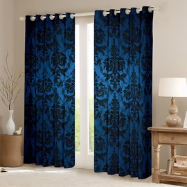 Gothic Black Damask Blackout Curtains for Living Room - Victorian Drapes 2 Panels 42"Wx63"L - Vintage Baroque Goth Window Antique Floral Bohemian Decor, Blue