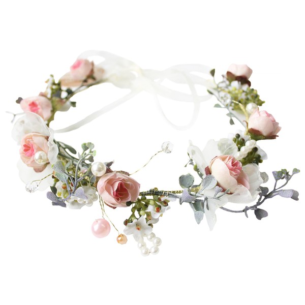 Pearl Flower Crown Floral Garland Headband Flower Halo Headpiece Hair Wreath Boho with Ribbon Party Wedding Festival Photos Pink by Vivivalue
