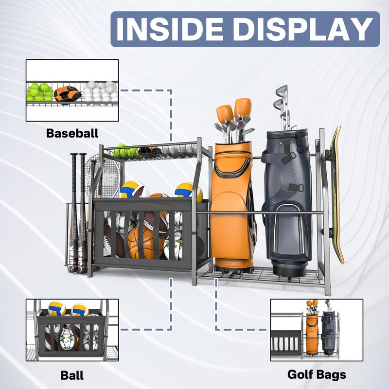 WALMANN Garage Sports Equipment Organizer, Ball Storage Stand, Indoor Golf