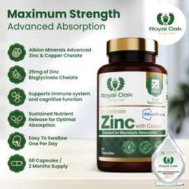 Zinc Bisglycinate 25mg with Copper (Albion Chelated) x60 Capsules (2 Month Supply) High Strength Zinc Supplement for Men & Women. UK Made by Royal Oak Health