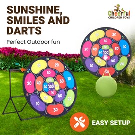 Cheerful Children Toys 73cm XL Large Kids Dart Board Set, Double-Sided Velcro Dart Board for Kids with Sturdy Stand, 12 Sticky Balls & 6 Darts, Fun Indoor & Outdoor Games for Ages 4-8 (Neon)