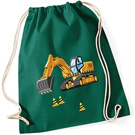 minimutz Gym Bag for Boys | Digger & Construction Site Motif | Cotton Drawstring Bag for Children | Drawstring Backpack, dark green