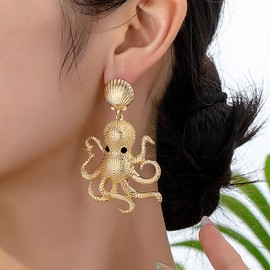 Gold Octopus Earrings for Women Unique Shell Octopus Drop Dangle Earrings Ocean Animal Charms Earrings Exaggerated Big Octopus Earrings Hawaiian Beach Charm Jewelry (Gold)