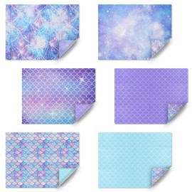Reversible Mermaid Wrapping Paper, 6pcs Purple Blue Mermaid Scale Scallop Galaxy Gift Wrap Papers, Under the Sea Ocean Theme Art Paper for Kids Girls Birthday Baby Shower DIY Crafts Gift Packing Sheet