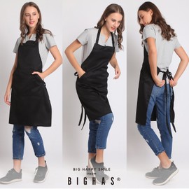 BIGHAS Adjustable Bib Apron with Long Ties for Women Men 18 Colors Chef Kitchen Cooking (Black)
