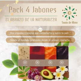 Packung mit 4 natürlichen handgefertigten Seifen – feste Seifen aus Avocado, Traubenchips, Monoï und Teebaum, Gesichts-, Hand- und Körperseife, vegan, feuchtigkeitsspendend, hergestellt in Spanien