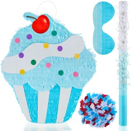 15.7 Inch Cupcake Pinata for Birthday Party Supplies, with Stick, Blindfold and Confetti for Kids Girls Baby Shower Candy Donut Ice Cream Pinata Party Supplies Hawaii Party Decoration Prop (Adorable)