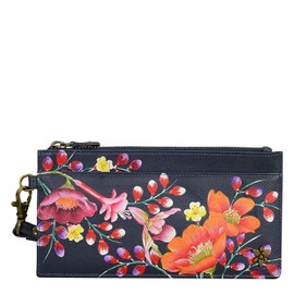 Anuschka Hand Painted Organizer Clutch Bag with Genuine Leather Hand Strap RFID Protection, moonlight meadow