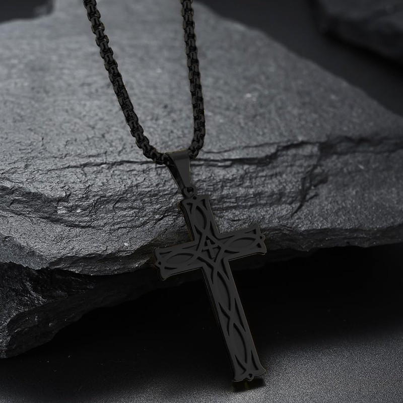 REchoLI Cross Necklace for Man，Stainless Steel Celtic Inspired Silver/Black Cross