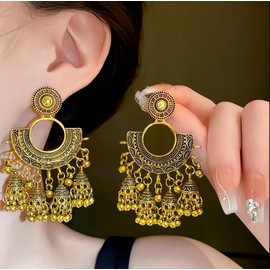 RechicGu Indian Jhumki Jhumka Boho Tassel Bell Hollow out Big Circle Hoop Drop Dangle Bohemia Earrings Eardrop for Women Gift,Vintage Golden Color…