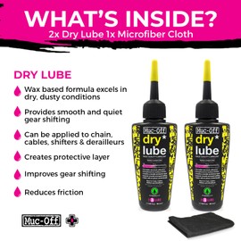 Muc-Off Bio Dry Bike Chain Lube 50ml (Pack of 2) Wax-Based Formula for Smooth Gear Shifts | Creates Protective Layer and Reduces Friction | Pipette System for Easy Application