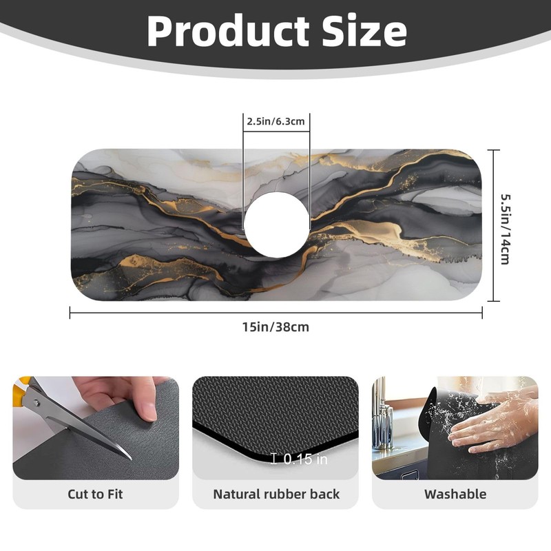 Faucet Draining Mat For Kitchen Sink, Black And Gold Marble