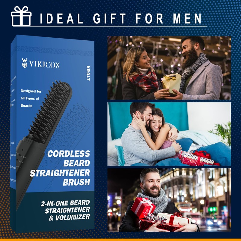 Beard Straightener for Men, Anti-Scald Cordless Heated Comb, Black