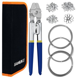 Sanuke Wire Rope Crimping Tool for 3/64 5/64 1/16 Wire Rope with 304 Stainless Steel Cable 3 Sizes 33FT and 150pcs Sleeves Stops, 10pcs Thimble