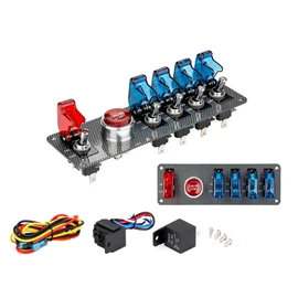 DC12V Flip-Up Ignition Switch Panel 5 in 1 Car Engine Start Push Button LED Toggle Switch Panel for Racing Sport Competitive Car 4 Blue 1 Red