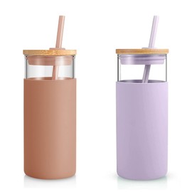 Tronco 20 oz Glass Tumbler Glass Water Bottle Straw Silicone Protective Sleeve Bamboo Lid - BPA Free (Coffee Light Purple/2pack)