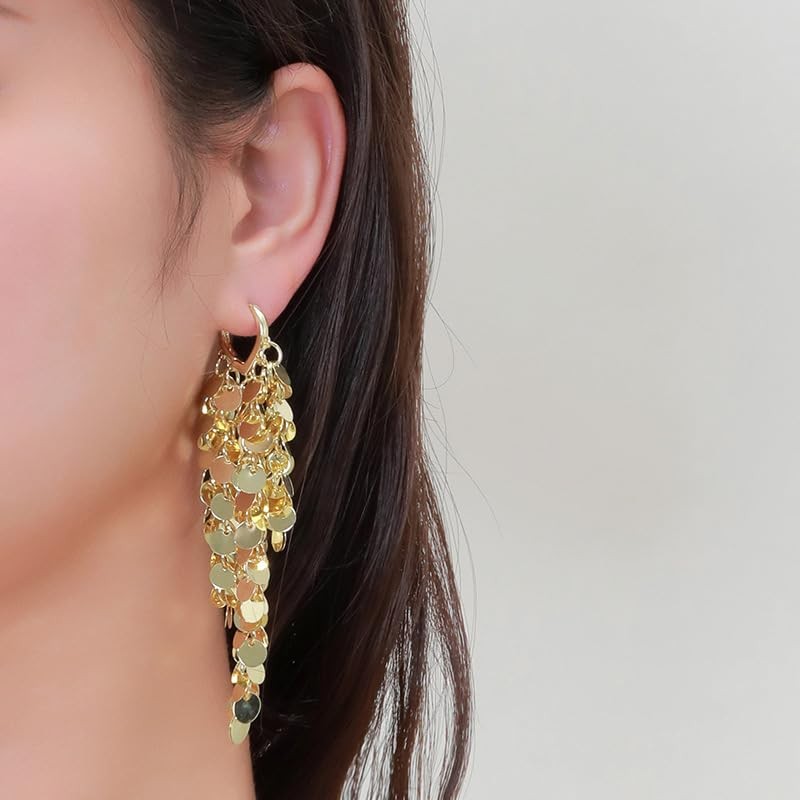 Long Sequin Tassel Statement Dangle Earrings for Women (V-Gold)