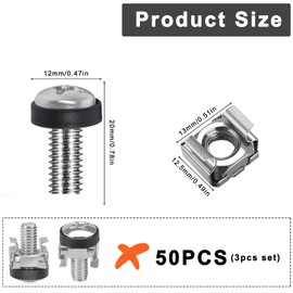 M6 Rack Mount Cage Nuts, 50 Pcs Screws and Washers, Server Rack Screws, Bolts and Washers Kit M6 Cage Nuts for Rack Mount Data Cabinets Server Shelves Fixing and Installation