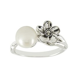 MARC 925 Sterling Silver 7 mm White Faux Pearl & Marcasite Floral Ring